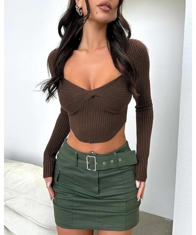 Women's Sexy Long Sleeve Crop Top Y2K Square Neck Ribbed Going Out Tops Twist Front Ruched Slim Fit T Shirts Coffee $12.00 Sw...