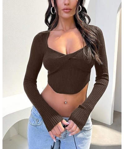 Women's Sexy Long Sleeve Crop Top Y2K Square Neck Ribbed Going Out Tops Twist Front Ruched Slim Fit T Shirts Coffee $12.00 Sw...