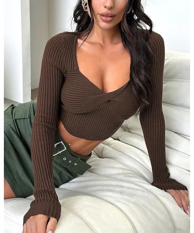 Women's Sexy Long Sleeve Crop Top Y2K Square Neck Ribbed Going Out Tops Twist Front Ruched Slim Fit T Shirts Coffee $12.00 Sw...