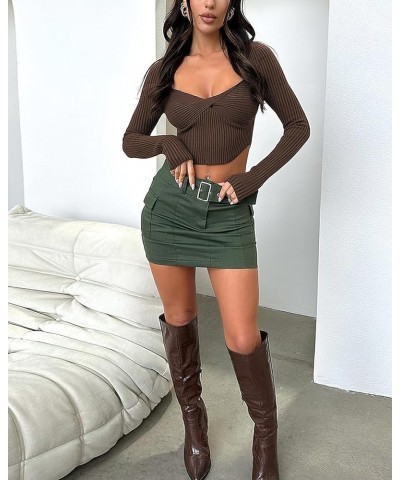 Women's Sexy Long Sleeve Crop Top Y2K Square Neck Ribbed Going Out Tops Twist Front Ruched Slim Fit T Shirts Coffee $12.00 Sw...