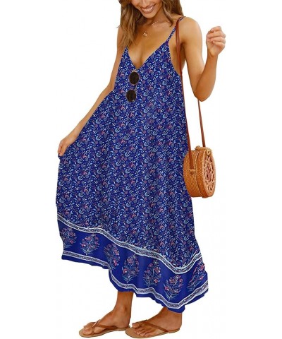 Women's 2024 Summer Boho Floral Spaghetti Strap Maxi Dress V Neck High Waist Backless Flowy Beach Sundress B-blue $17.16 Dresses