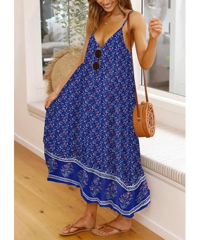 Women's 2024 Summer Boho Floral Spaghetti Strap Maxi Dress V Neck High Waist Backless Flowy Beach Sundress B-blue $17.16 Dresses