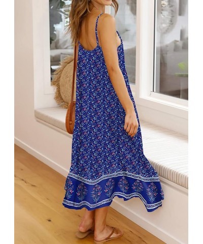 Women's 2024 Summer Boho Floral Spaghetti Strap Maxi Dress V Neck High Waist Backless Flowy Beach Sundress B-blue $17.16 Dresses