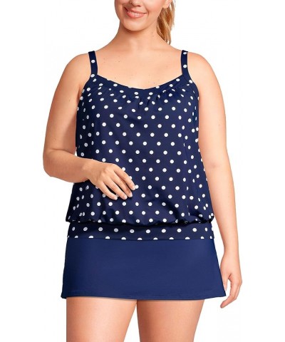 Women's Blouson Tummy Hiding Tankini Top Swimsuit Adjustable Straps Deep Sea Polka Dot $35.61 Swimsuits