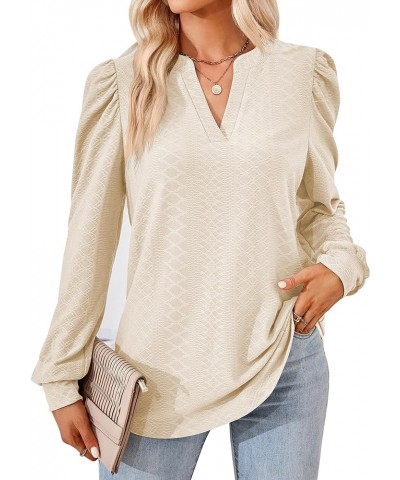 Womens Tops Dressy Casual Puff Long Sleeve V Neck Work Shirt Eyelet Loose Tunic Blouse Apricot $18.70 Blouses