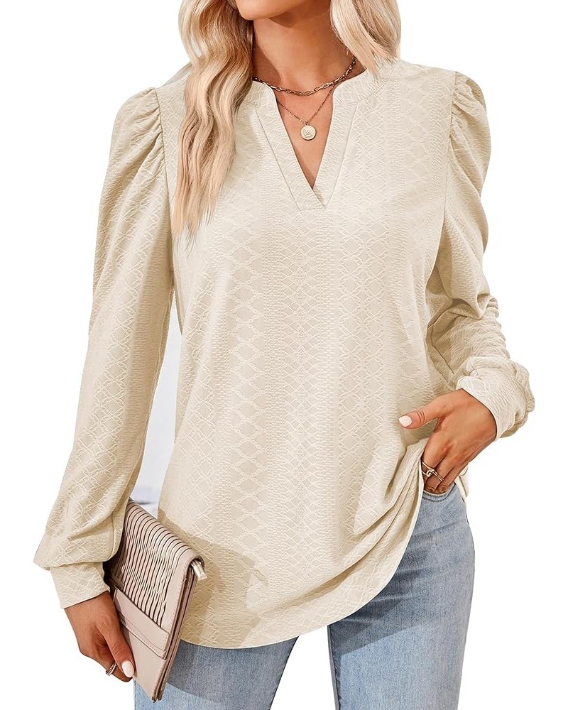 Womens Tops Dressy Casual Puff Long Sleeve V Neck Work Shirt Eyelet Loose Tunic Blouse Apricot $18.70 Blouses