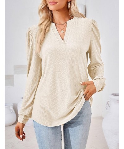 Womens Tops Dressy Casual Puff Long Sleeve V Neck Work Shirt Eyelet Loose Tunic Blouse Apricot $18.70 Blouses