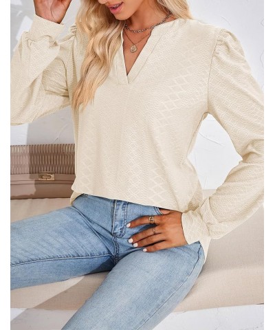 Womens Tops Dressy Casual Puff Long Sleeve V Neck Work Shirt Eyelet Loose Tunic Blouse Apricot $18.70 Blouses