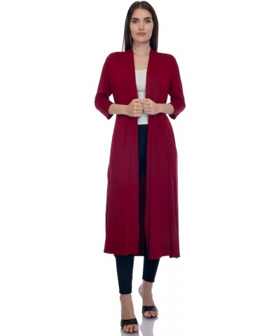 Women's 3/4 Sleeve Full Length Duster Open Cardigan with Shirring Waist (Size: S-5X) Wine $17.87 Sweaters