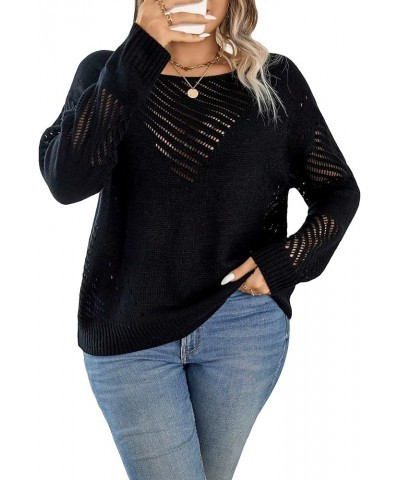 Women's Plus Size Pointelle Knit Pullover Sweater Boat Neck Long Sleeve Casual Sweater Black $9.71 Sweaters