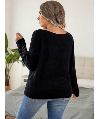 Women's Plus Size Pointelle Knit Pullover Sweater Boat Neck Long Sleeve Casual Sweater Black $9.71 Sweaters