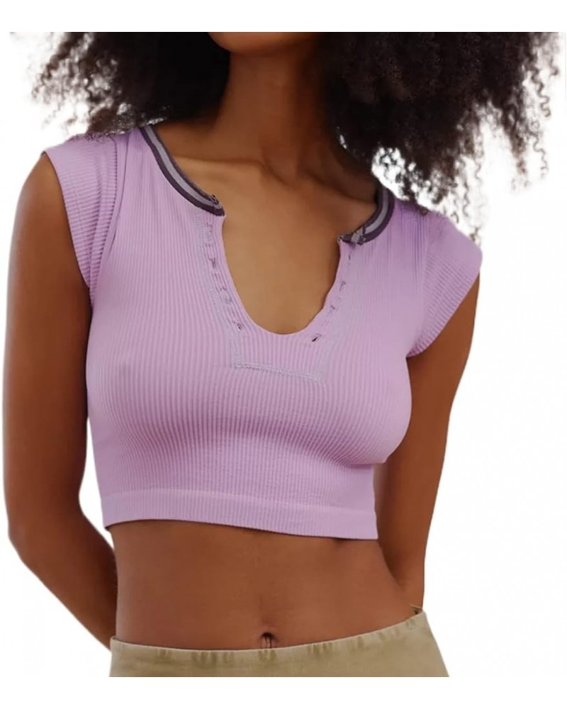Women Short Sleeve Knit Ribbed Baby Crop Top Crew Neck Buttons Slim Fit Teen Basic Tee Shirts F Purple $6.26 T-Shirts