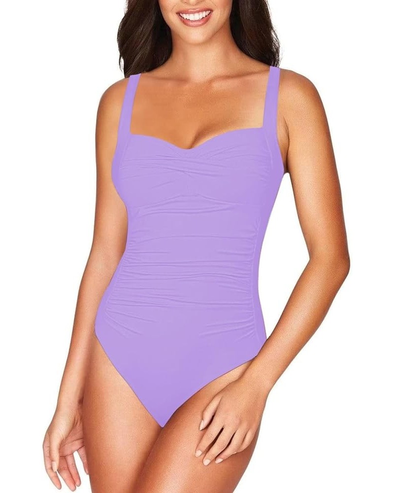 Women's Ruched Twist-Front Sweetheart 1 Piece Swimsuit Bathing Suits Purple $16.28 Swimsuits