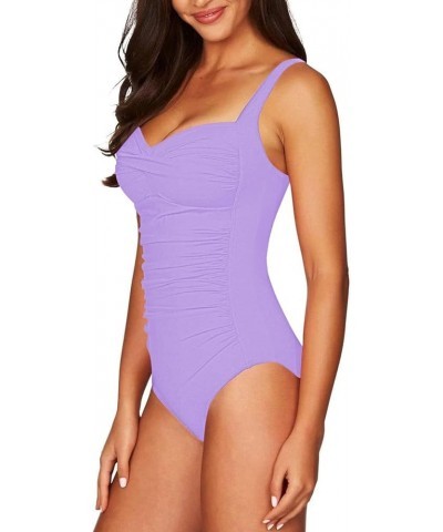 Women's Ruched Twist-Front Sweetheart 1 Piece Swimsuit Bathing Suits Purple $16.28 Swimsuits