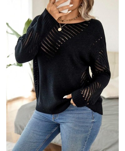 Women's Plus Size Pointelle Knit Pullover Sweater Boat Neck Long Sleeve Casual Sweater Black $9.71 Sweaters