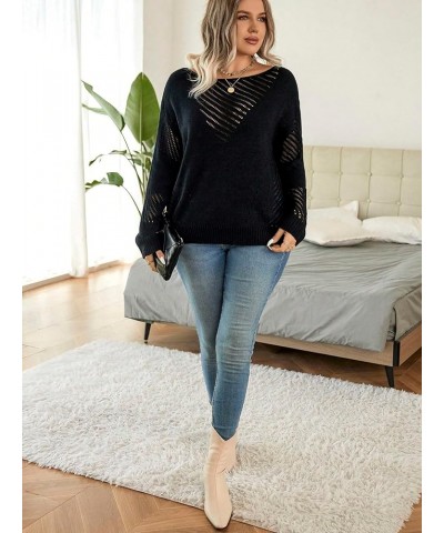 Women's Plus Size Pointelle Knit Pullover Sweater Boat Neck Long Sleeve Casual Sweater Black $9.71 Sweaters