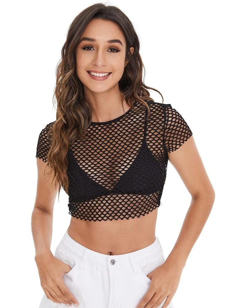 Women's Sexy Fishnet Sheer Long Sleeve Blouse See Through Mesh Crop Top Plain Black $11.79 Hoodies & Sweatshirts