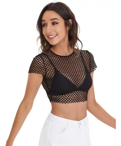 Women's Sexy Fishnet Sheer Long Sleeve Blouse See Through Mesh Crop Top Plain Black $11.79 Hoodies & Sweatshirts