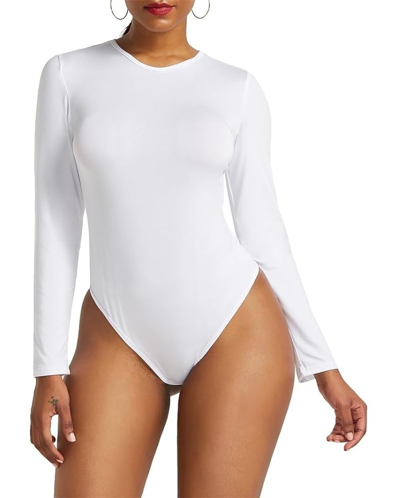 Women's Long Sleeve Stretch Bodycon Bodysuits Leotard Top Blouse White $9.71 Bodysuits
