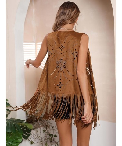 Women's Fringe Sleeveles Vest Hollow Out Open Front Faux Suede Jacket Coat Brown $20.15 Vests