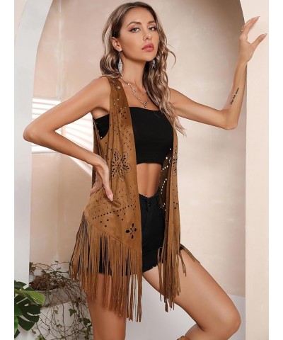 Women's Fringe Sleeveles Vest Hollow Out Open Front Faux Suede Jacket Coat Brown $20.15 Vests