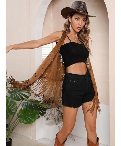 Women's Fringe Sleeveles Vest Hollow Out Open Front Faux Suede Jacket Coat Brown $20.15 Vests