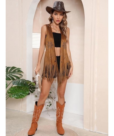 Women's Fringe Sleeveles Vest Hollow Out Open Front Faux Suede Jacket Coat Brown $20.15 Vests