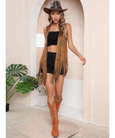 Women's Fringe Sleeveles Vest Hollow Out Open Front Faux Suede Jacket Coat Brown $20.15 Vests