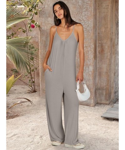 Women's Summer Loose Casual Sleeveless Spaghetti Strap Wide Leg Jumpsuits Rompers Outfits with Pockets Silver $14.39 Jumpsuits