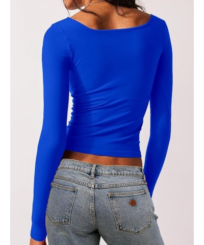 Women's Sexy Long Sleeve Crop Top Square Neck Double Lined Basic Slim Fit T Shirt Royal Blue $11.50 T-Shirts