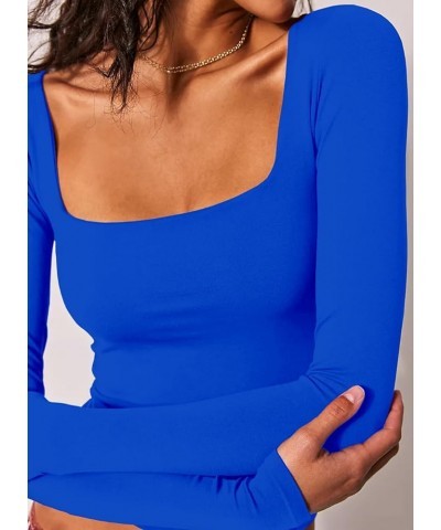 Women's Sexy Long Sleeve Crop Top Square Neck Double Lined Basic Slim Fit T Shirt Royal Blue $11.50 T-Shirts