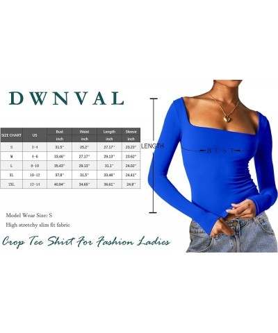 Women's Sexy Long Sleeve Crop Top Square Neck Double Lined Basic Slim Fit T Shirt Royal Blue $11.50 T-Shirts