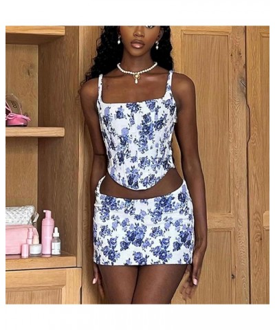 Lace Trim Two Piece Outfit for Women Sleeveless Crop Cami Top Short Mini Skirt Y2k 2 Piece Skirt Sets Beach Wear A6-blue Flor...