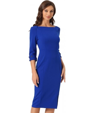 Women's Elegant Boat Neck 3/4 Sleeves 2024 Wear to Work Midi Split Sheath Dress Royal Blue $18.04 Dresses