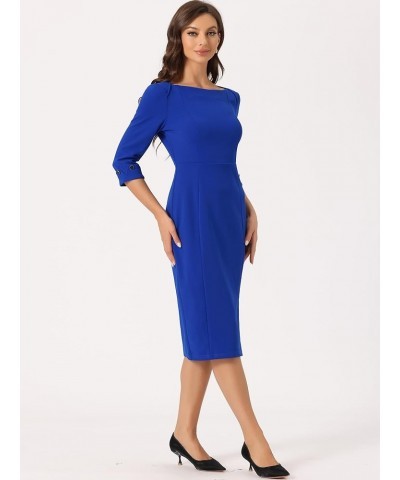 Women's Elegant Boat Neck 3/4 Sleeves 2024 Wear to Work Midi Split Sheath Dress Royal Blue $18.04 Dresses