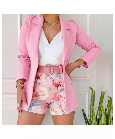 Women's Bussiness 3 Piece Outfits Long Sleeve Lapel Collar Blazer and Floral Print Short Warps V Neck Vest Suits Pink $12.95 ...