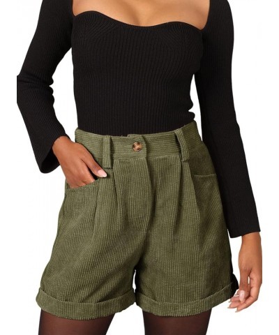 Womens Casual Corduroy Shorts High Waist Roll Up Elastic Relaxed Fit Shorts for Women with Pockets Green $18.28 Shorts