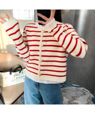 Old Money Aesthetic Clothing Women Striped Cardigan Sweaters for Women Trendy Cropped Sweater Red $17.39 Sweaters