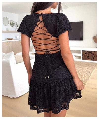 Women Sexy Sleeveless Ruffle Mini Dress Cap Sleeve Square Neck Short Dress Cutout Backless Slip Mini Dress Clubwear B Lace Sq...