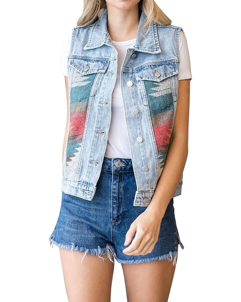 Women's Girls Distressed Sleeveless Button Up Cropped Jean Denim Jacket Vest B Red $17.09 Jackets