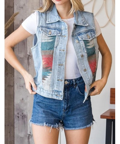 Women's Girls Distressed Sleeveless Button Up Cropped Jean Denim Jacket Vest B Red $17.09 Jackets