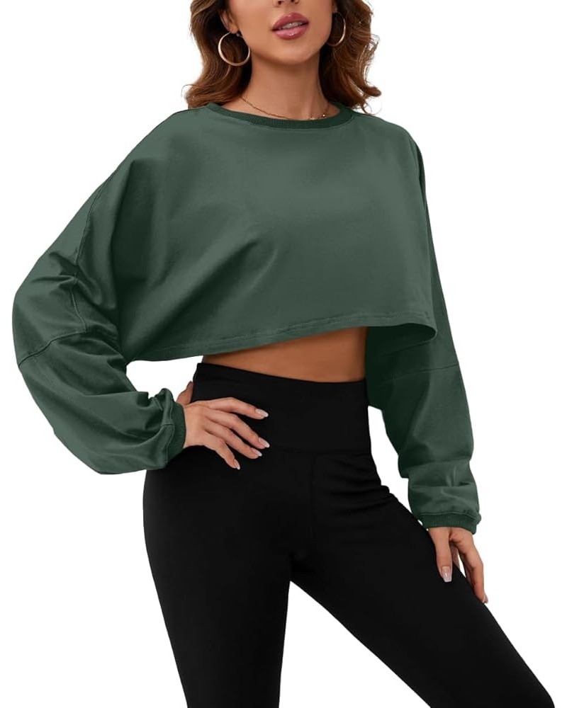 Women’s Vintage Oversized Long Sleeve Crop T-Shirt Loose Fit Drop Shoulder Crew Neck Cropped Tee Tops Pullover Dark Green $16...