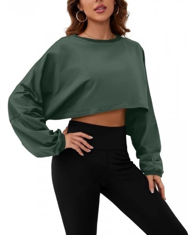 Women’s Vintage Oversized Long Sleeve Crop T-Shirt Loose Fit Drop Shoulder Crew Neck Cropped Tee Tops Pullover Dark Green $16...