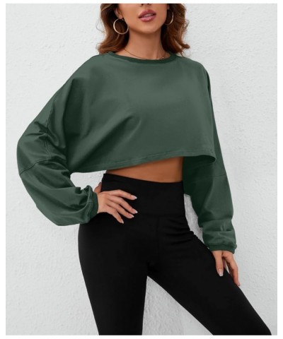 Women’s Vintage Oversized Long Sleeve Crop T-Shirt Loose Fit Drop Shoulder Crew Neck Cropped Tee Tops Pullover Dark Green $16...