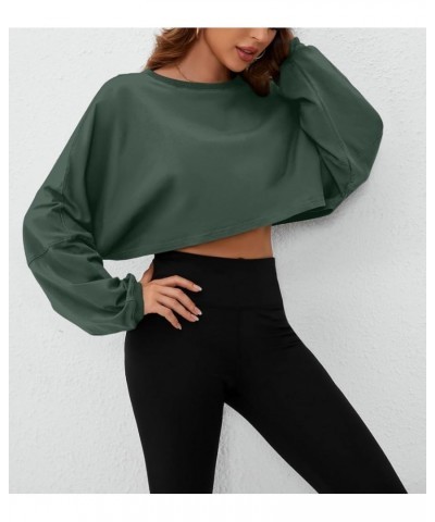 Women’s Vintage Oversized Long Sleeve Crop T-Shirt Loose Fit Drop Shoulder Crew Neck Cropped Tee Tops Pullover Dark Green $16...