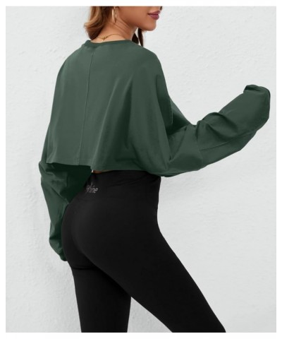 Women’s Vintage Oversized Long Sleeve Crop T-Shirt Loose Fit Drop Shoulder Crew Neck Cropped Tee Tops Pullover Dark Green $16...