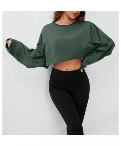 Women’s Vintage Oversized Long Sleeve Crop T-Shirt Loose Fit Drop Shoulder Crew Neck Cropped Tee Tops Pullover Dark Green $16...