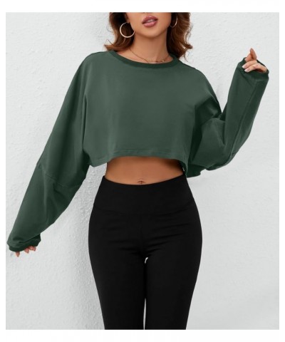 Women’s Vintage Oversized Long Sleeve Crop T-Shirt Loose Fit Drop Shoulder Crew Neck Cropped Tee Tops Pullover Dark Green $16...