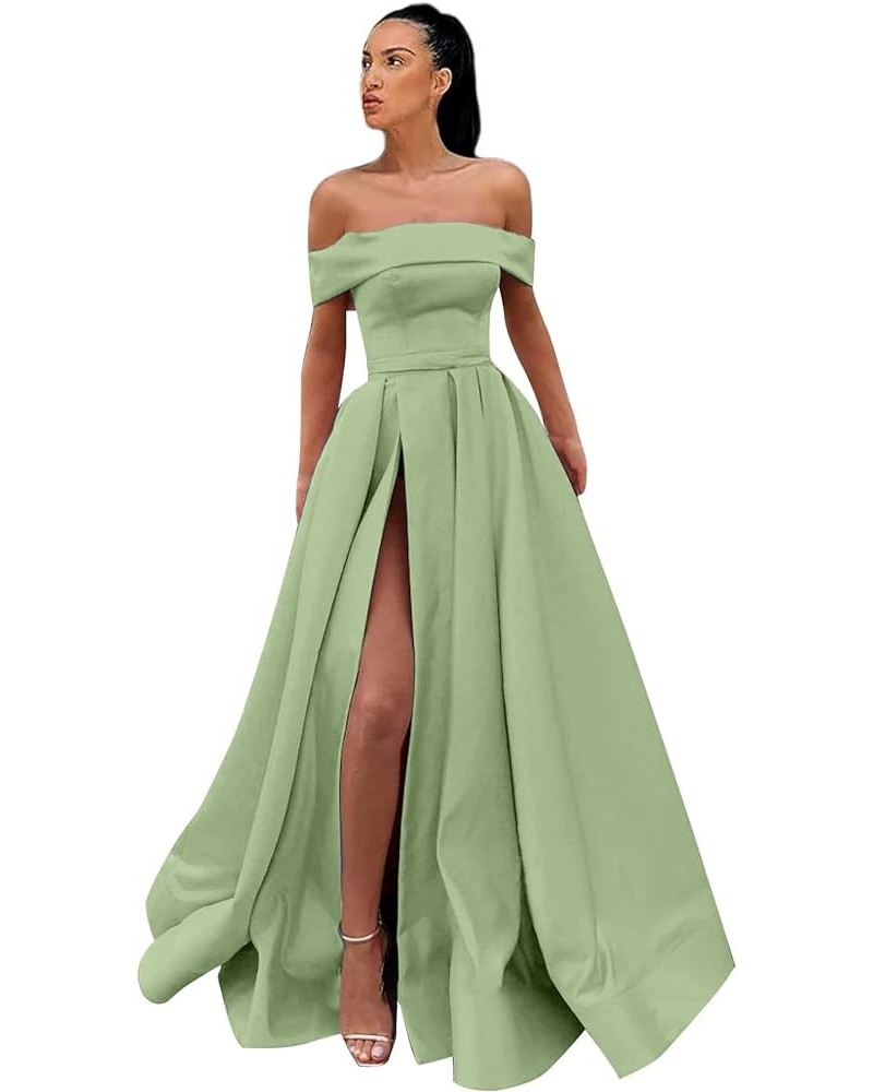 Women's Off Shoulder Prom Dresses Long Ball Gown Slit Backless Formal Evening Gown Party Dress with Pockets Sage Green $40.85...