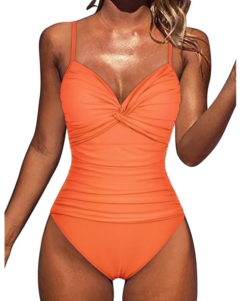 Women's Underwire One Piece Swimsuit Ruched Tummy Control Bathing Suits Push Up Twist Front Swimwear Monokini Tropical Orange...